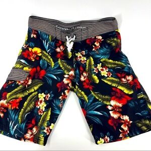 Carbon Mens Tropical Floral Board Shorts Black Red Yellow‎ Size 28 Swim Trunks